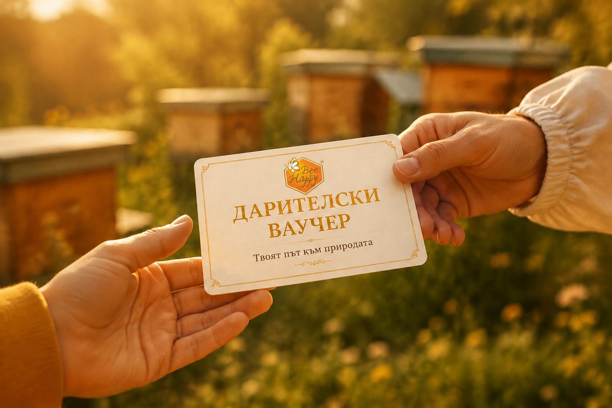 Ръце си подават дарителския ваучер с логото на BeeHappy на фона на пчелин